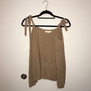 Off the shoulder tan tie sweater